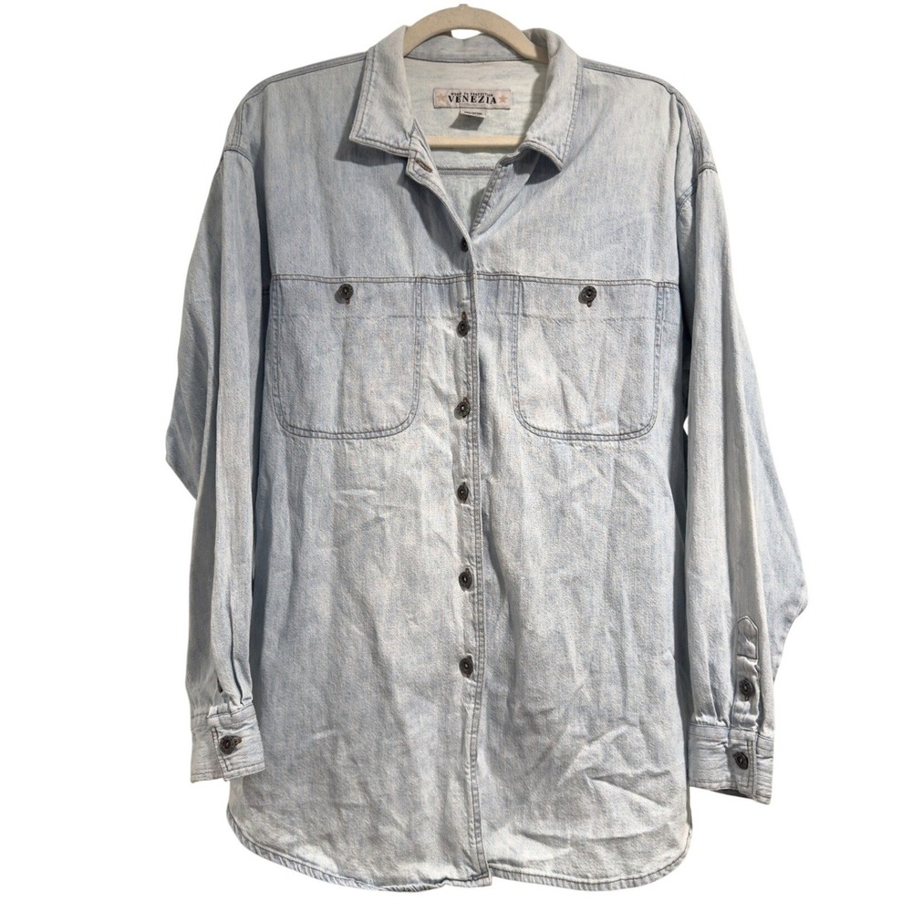 Venezia Vintage Light Wash Denim Button Down Shirt Womens 18/20 Blue Cotton